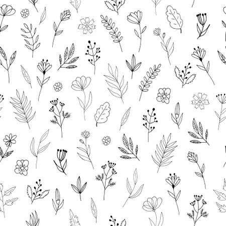 flowers seamless pattern hand drawn doodle. vector, minimalism, scandinavian, monochrome, nordic. simple abstract plantsのイラスト素材