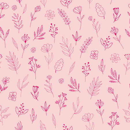 flowers seamless pattern hand drawn doodle. vector, minimalism, scandinavian, monochrome, trendy colors 2022. simple abstract plants. wallpaper, wrapping paper textiles backgroundのイラスト素材