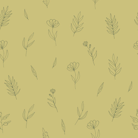 flowers seamless pattern hand drawn doodle. vector, minimalism, scandinavian, monochrome, trendy colors 2022. simple abstract plants. wallpaper, wrapping paper textiles backgroundのイラスト素材