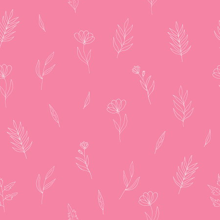 flowers seamless pattern hand drawn doodle. vector, minimalism, scandinavian, monochrome, trendy colors 2022. simple abstract plants. wallpaper, wrapping paper textiles backgroundのイラスト素材