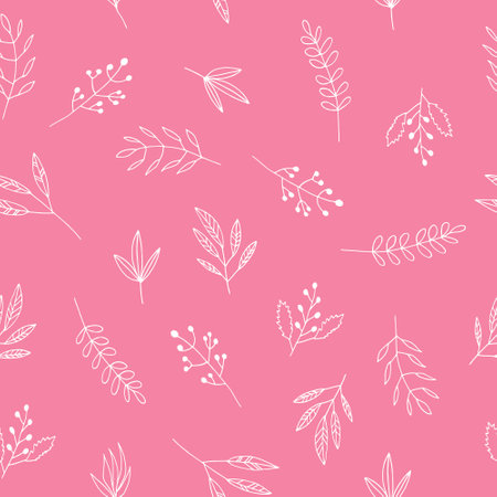 leaves seamless pattern hand drawn doodle. vector, minimalism, scandinavian, monochrome, trendy colors 2022. simple abstract plants. wallpaper, wrapping paper textiles backgroundのイラスト素材