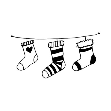 socks for christmas gifts. hanging decor hand drawn in doodle styleのイラスト素材