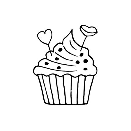 cupcake with heart and lips hand drawn in doodle style. sweet holiday dessertのイラスト素材