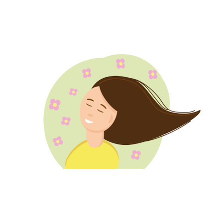 the girl smile, eyes closed, hair flies in the wind. woman, spring, summer, flowers. vector in a flat style. card, poster illustrationのイラスト素材