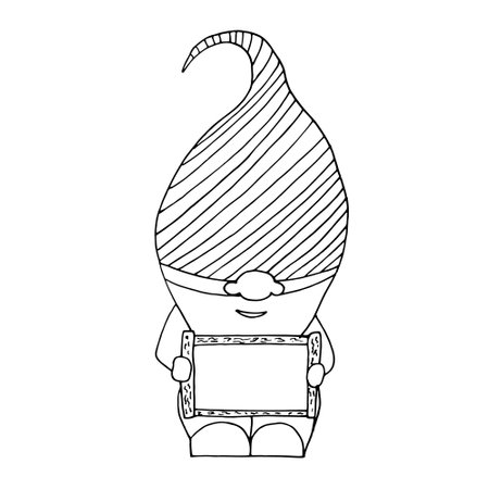 cute gnome in a cap with a nameplate and place for text icon, sticker. sketch hand drawn doodle style. monochrome minimalism. scrapbook, funny charactersのイラスト素材