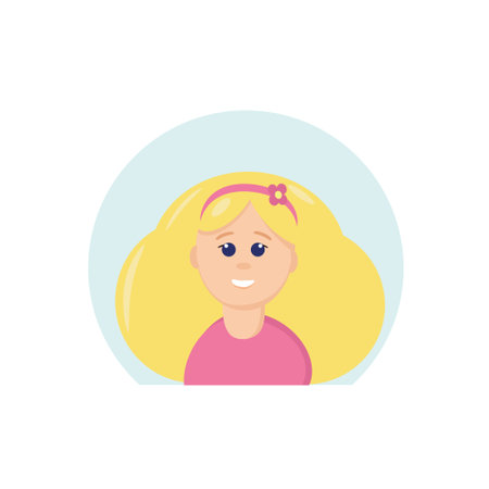 girl with long white hair and a rim with a pink flower, emotion joy in a flat style. vector graphic. element for design sticker, icon, poster, card. woman avatarのイラスト素材