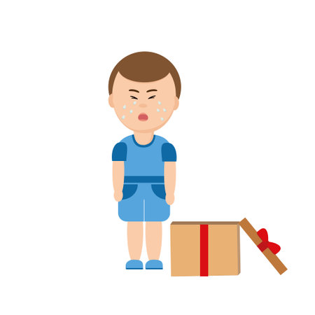 boy crying and opened box with ribbon. the child does not like the gift. vector flat. banner. ruined the holiday.のイラスト素材