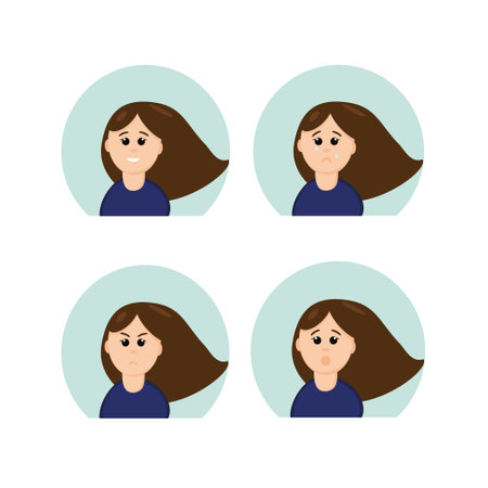 girl with different emotions joy, sadness, grief, surprise, crying, laughing in a flat style. vector graphic. Set elements for design sticker, icon, poster, card. woman avatar collectionのイラスト素材