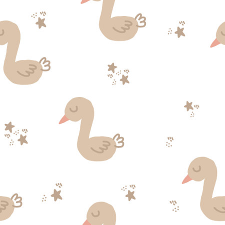 cute goose seamless pattern hand drawn. vector, minimalism, trending colors 2022. wrapping paper, textiles, background, wallpaper. children clipart animals birdsのイラスト素材