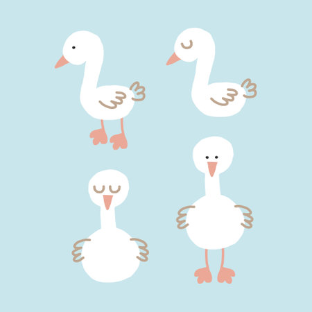cute goose set hand drawn. vector, minimalism, trending colors 2022. icon, sticker, print children clipart animal birdのイラスト素材