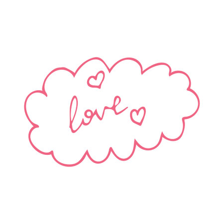 love text in the cloud and hearts hand drawn doodle. vector, scandinavian, nordic, minimalism. card, icon, sticker. love, wedding, valentine day lettering romanceのイラスト素材