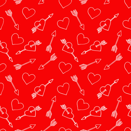 heart and arrow seamless pattern hand drawn doodle. vector, scandinavian, minimalism. wallpaper, textile, wrapping paper, background. love romance valentine's dayのイラスト素材