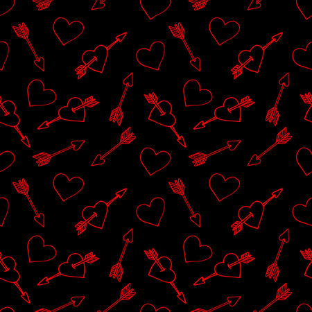 heart and arrow seamless pattern hand drawn doodle. vector, scandinavian, minimalism. wallpaper, textile, wrapping paper, background. love romance valentine's dayのイラスト素材