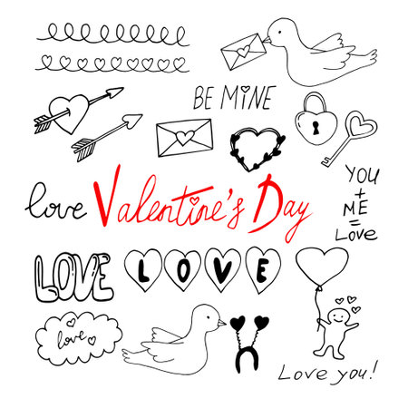 valentine's day set hand drawn doodle. vector, scandinavian, minimalism. icon, sticker card love romanceのイラスト素材