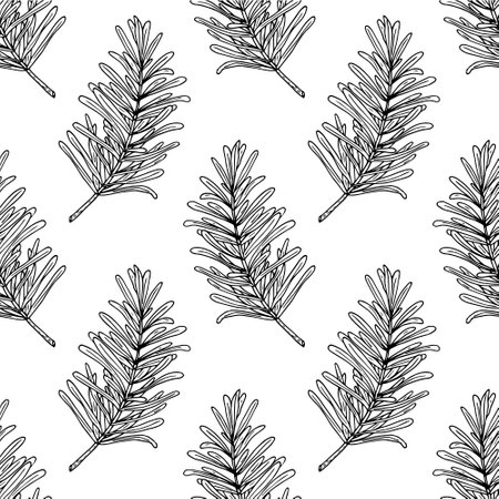 rosemary seamless pattern. wrapping paper, label, menu, kitchen textiles. sketch hand drawn doodle. vector monochrome minimalism. plant spiceのイラスト素材