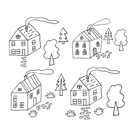 houses and trees set. city street vector illustration hand drawn in doodle line art styleのイラスト素材