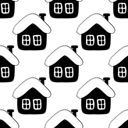 huts houses seamless pattern hand drawn doodle. vector, minimalism, monochrome. textiles, wrapping paper, wallpaper. winter fairy tale villageのイラスト素材