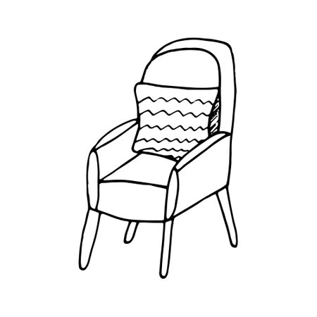 armchair with pillow hand drawn in doodle style. single element for design icon, sticker, poster, card. vector, scandinavian, hygge, monochrome. furniture, interior cozy homeのイラスト素材
