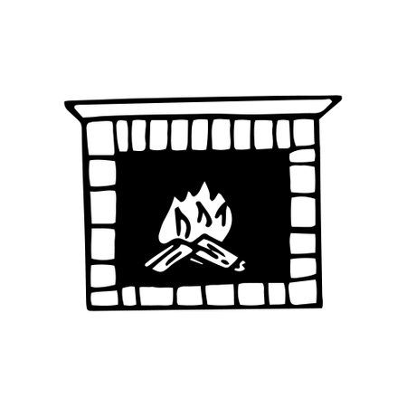 fireplace hearth hand drawn in doodle style. single element for design icon, sticker, poster, card. vector, scandinavian, hygge, monochrome. warm, cozy homeのイラスト素材