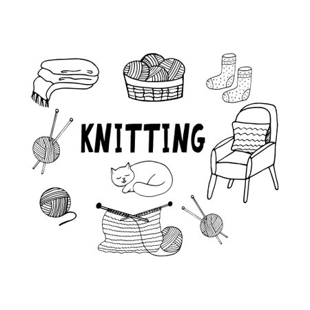 knitting set hand drawn in doodle style. collection of elements for design icon, sticker, poster, card. vector, scandinavian, hygge, monochrome. balls of wool and knitting needles, hobby, cozy home, armchair, cat, socks, plaid letteringのイラスト素材