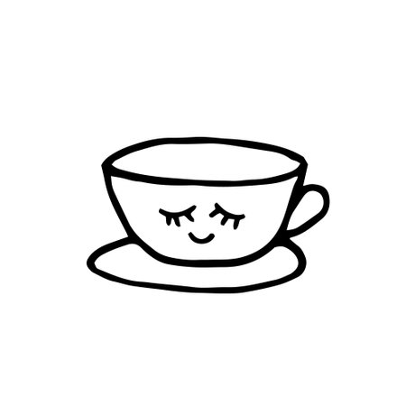 cup with eyes and smile and saucer hand drawn element in doodle style. vector Scandinavian. tea, coffee, kitchen, comfort, cafe, drink, menu icon cuteのイラスト素材