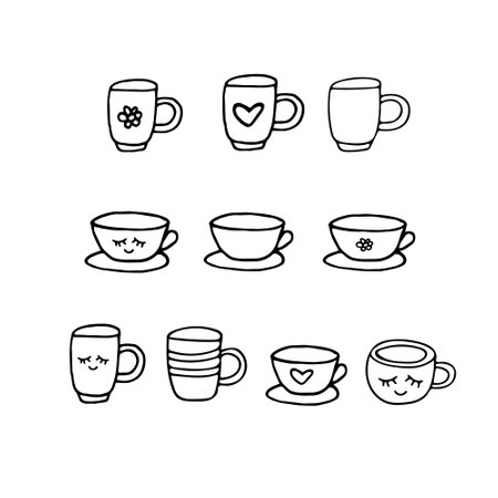 cups hand drawn in doodle style. vector Scandinavian. set of elements for designのイラスト素材
