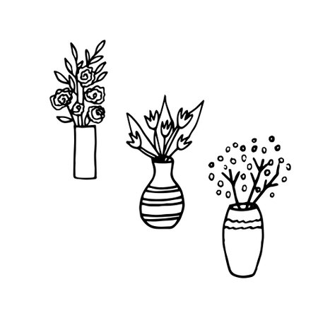 Vases with flowers. Hand drawn set of elements in doodle style. vector scandinavian collection cozy home, hygge, tulips, rosesのイラスト素材