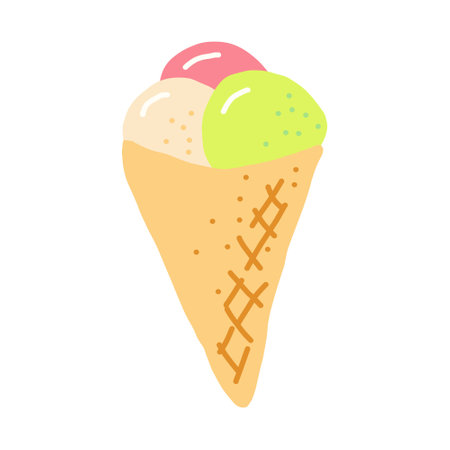ice cream in a waffle cone. hand drawn doodle. vector, cartoon. icon, card, poster, sticker. food sweet refreshing bright summerのイラスト素材