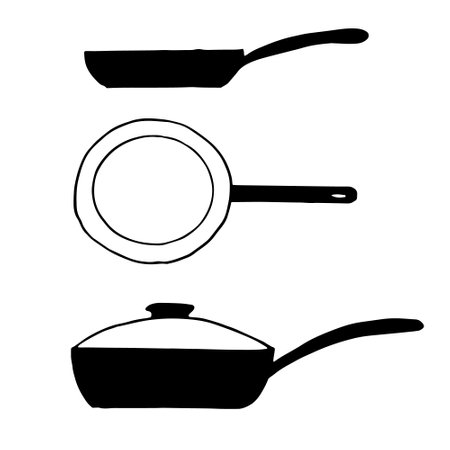 frying pan set icon, sticker. sketch hand drawn doodle style. vector, minimalism, monochrome. dishes, cooking food friesのイラスト素材