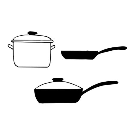 kitchen utensils pan, frying pan set icon. hand drawn doodle style. vector, minimalism, monochrome, sketch. food, cooking boil friesのイラスト素材