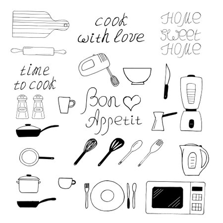 kitchen utensils and appliances set icon. hand drawn doodle style. vector, minimalism, monochrome, sketch. saucepan, frying pan, fork, spoon, plate, cup, microwave, mixer, blender kettle lettering rolling pin cutting board food cookingのイラスト素材