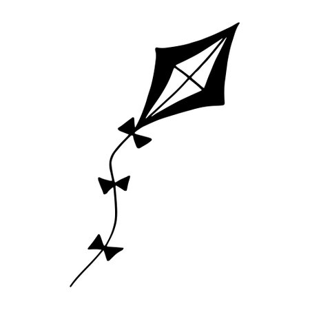 kite hand drawn doodle. vector, minimalism, scandinavian, monochrome, nordic. toy wind flying ribbon tail sticker iconのイラスト素材
