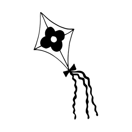 kite hand drawn doodle. vector, minimalism, scandinavian, monochrome, nordic. toy wind flying ribbon tail sticker iconのイラスト素材