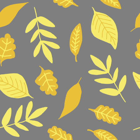 autumn leaves seamless pattern in trending colors 2021. hand drawn doodle. vector, minimalism. textile, digital, wrapping paper, background orange, yellow, goldのイラスト素材