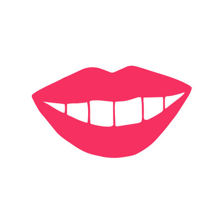 lips with pink lipstick icon. mouth vector illustration hand drawn in cartoon styleのイラスト素材