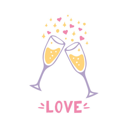 glasses with champagne and love text. hand drawn doodle style. template for card. vector, minimalism. holiday, party, love, valentines day, wedding anniversary birthday holiday cheersのイラスト素材
