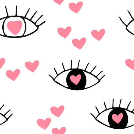 eye with heart seamless pattern hand drawn. vector. wallpaper, wrapping paper, background, textileのイラスト素材