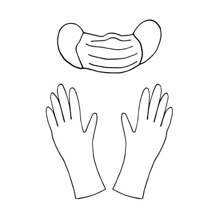 gloves and medical mask hand drawn doodle. vector, scandinavian, nordic, minimalism, monochrome icon protectionのイラスト素材