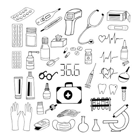 medical set hand drawn doodle. vector, scandinavian, nordic, minimalism, monochrome. set icon medicine health treatmentのイラスト素材