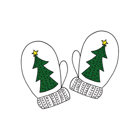 mittens with christmas tree. hand drawn doodle icon. vector, scandinavian, nordic, minimalism. winter clothing warm knitted pair twoのイラスト素材