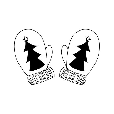 mittens with christmas tree. hand drawn doodle icon. vector, scandinavian, nordic, minimalism, monochrome. winter clothing warm knitted pair twoのイラスト素材