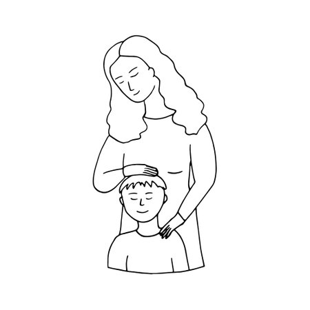 mother hugs her son icon. hand drawn doodle style. vector, minimalism, monochrome, sketch. mothers day, children motherhoodのイラスト素材