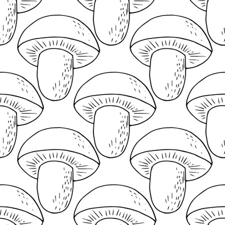 mushroom seamless pattern hand drawn. vector, minimalism, scandinavian, monochrome, nordic. porcini mushroom, textile wallpaper wrapping paper backgroundのイラスト素材