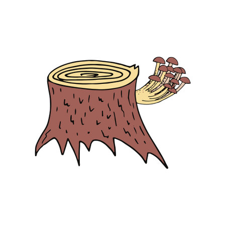 mushrooms on a tree stump sketch hand drawn doodle. card, icon, poster, vector, monochrome. nature plantのイラスト素材