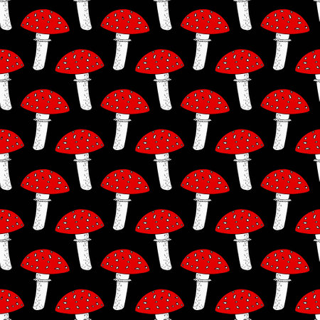 fly agaric seamless pattern. wallpaper, textile, background, wrapping paper. sketch hand drawn doodle. vector. mushroom forest poisonous inedibleのイラスト素材