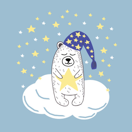 bear in a cap with a star poster template. hand drawn. vector, scandinavian, minimalism, cartoon. Nursery room decor, children print. cute animal. newborn, sticker, cardのイラスト素材
