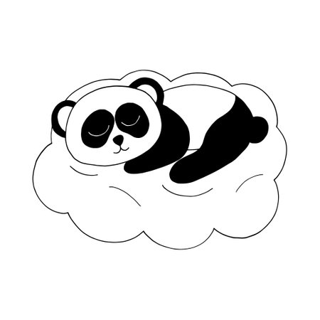 panda sleeping on a cloud icon. hand drawn doodle style. vector, minimalism, monochrome. nursery animal, cute decor for kids room. newborn, sticker, poster, cardのイラスト素材