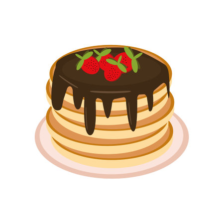 pancake with chocolate and strawberries on a plate in vector flat style. single element for design. food, american dessertのイラスト素材