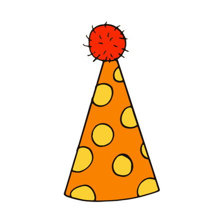 party hat with circles. hand drawn doodle style. vector, minimalism, trending color yellow, orange. funny festiveのイラスト素材