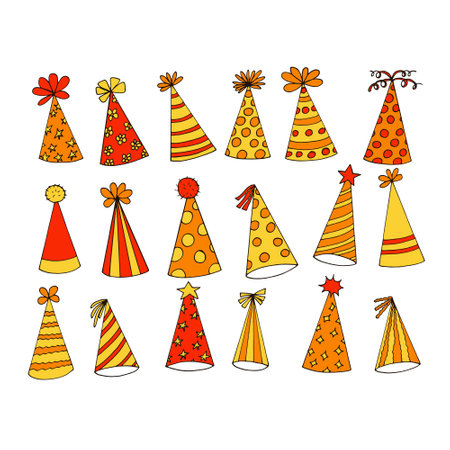 party hat icon set. hand drawn doodle style. vector, minimalism, trending color yellow, orange. funny festiveのイラスト素材